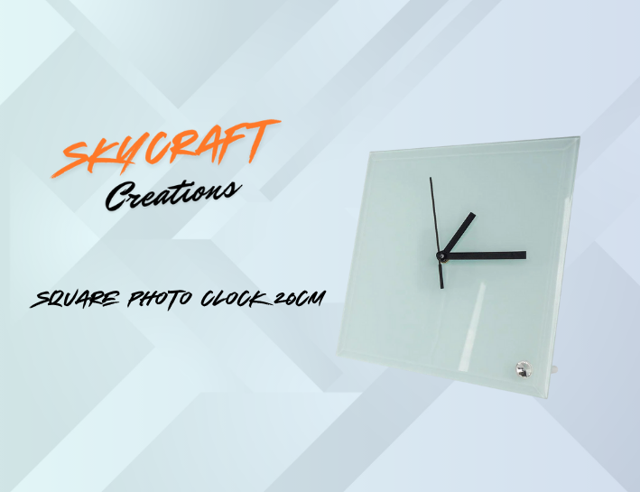 Square photo clock with 'Skycraft Creations' branding on a geometric patterned background